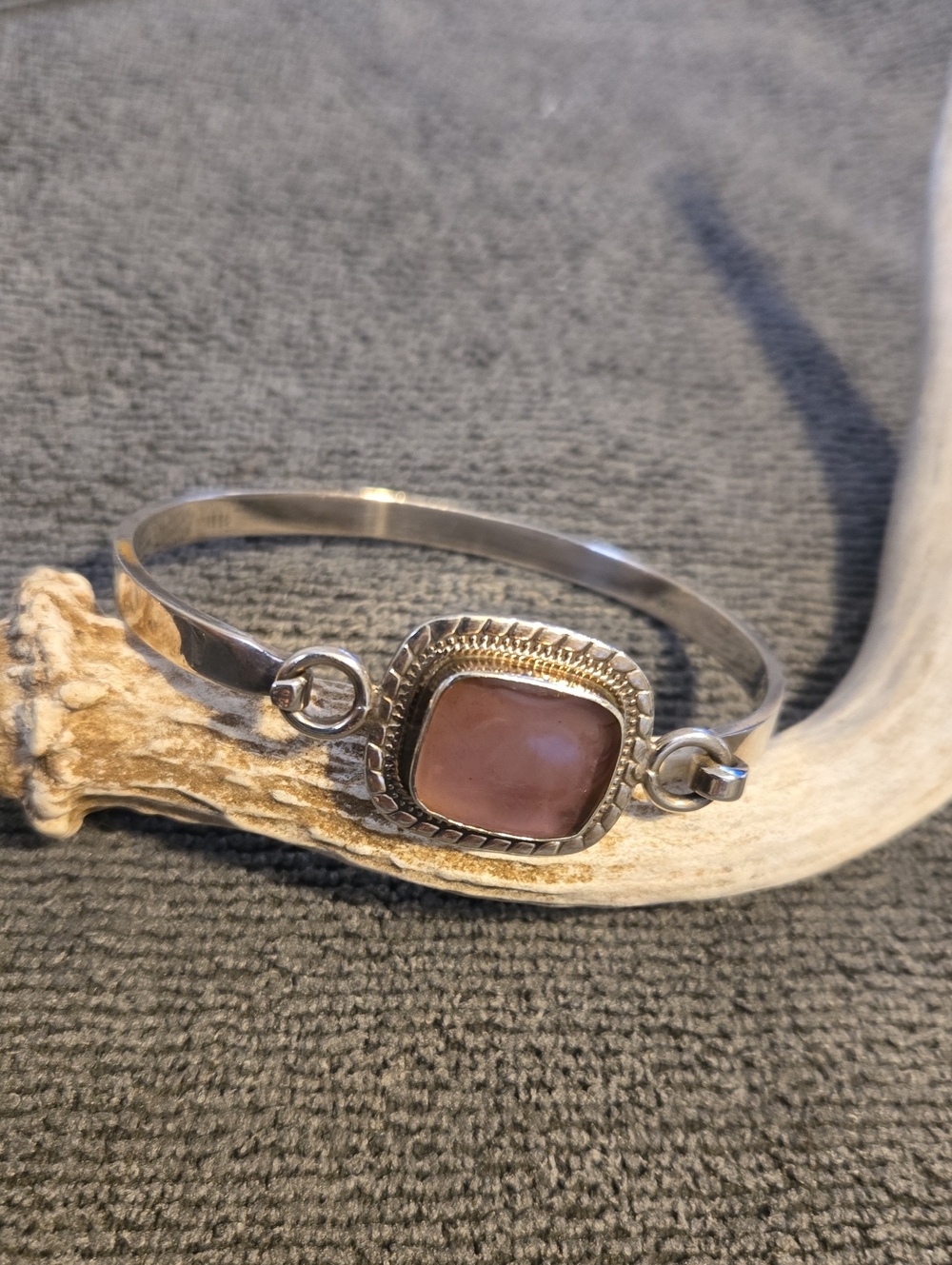 Sterling Silver Hinged Bracelet with Pink Square Stone